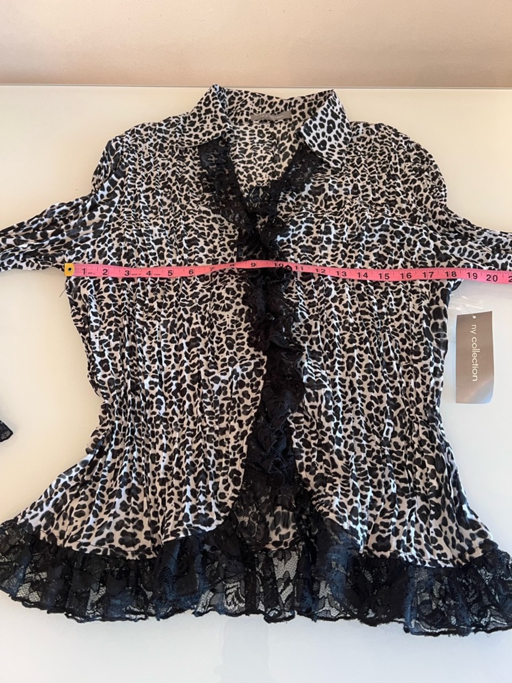 NY COLLECTION Leopard Lace Trim Blouse Top XL Pleated Y2K - Picture 5 of 11